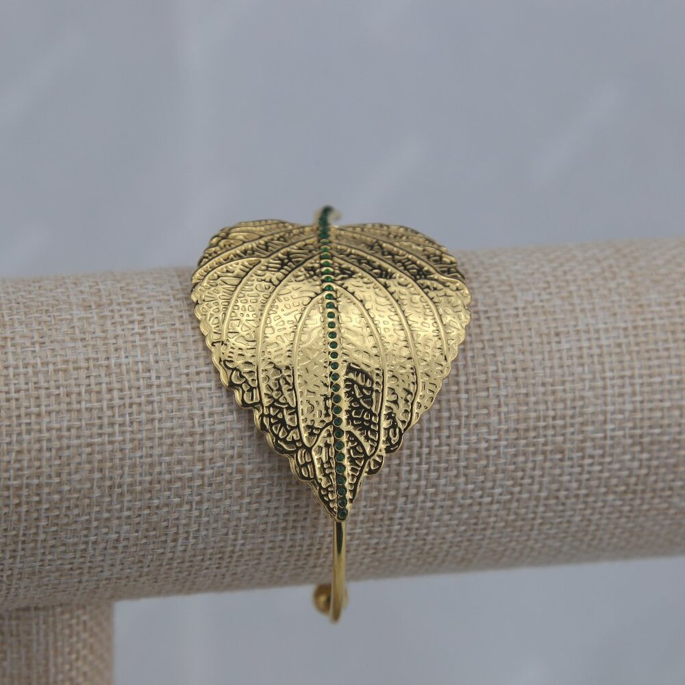 Leaf Bangle with Green Crystals